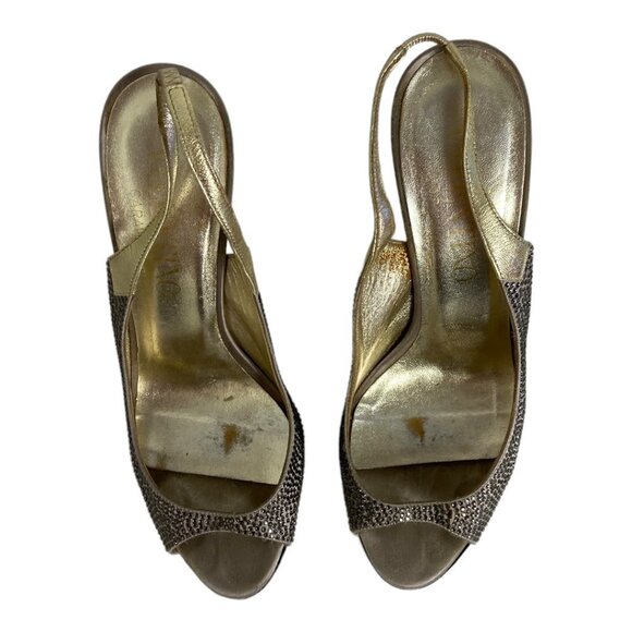 Valentino Gold Sequin Slingback Heels Size 36 or 6 Italy Peep Toe Elastic Band - Picture 10 of 12